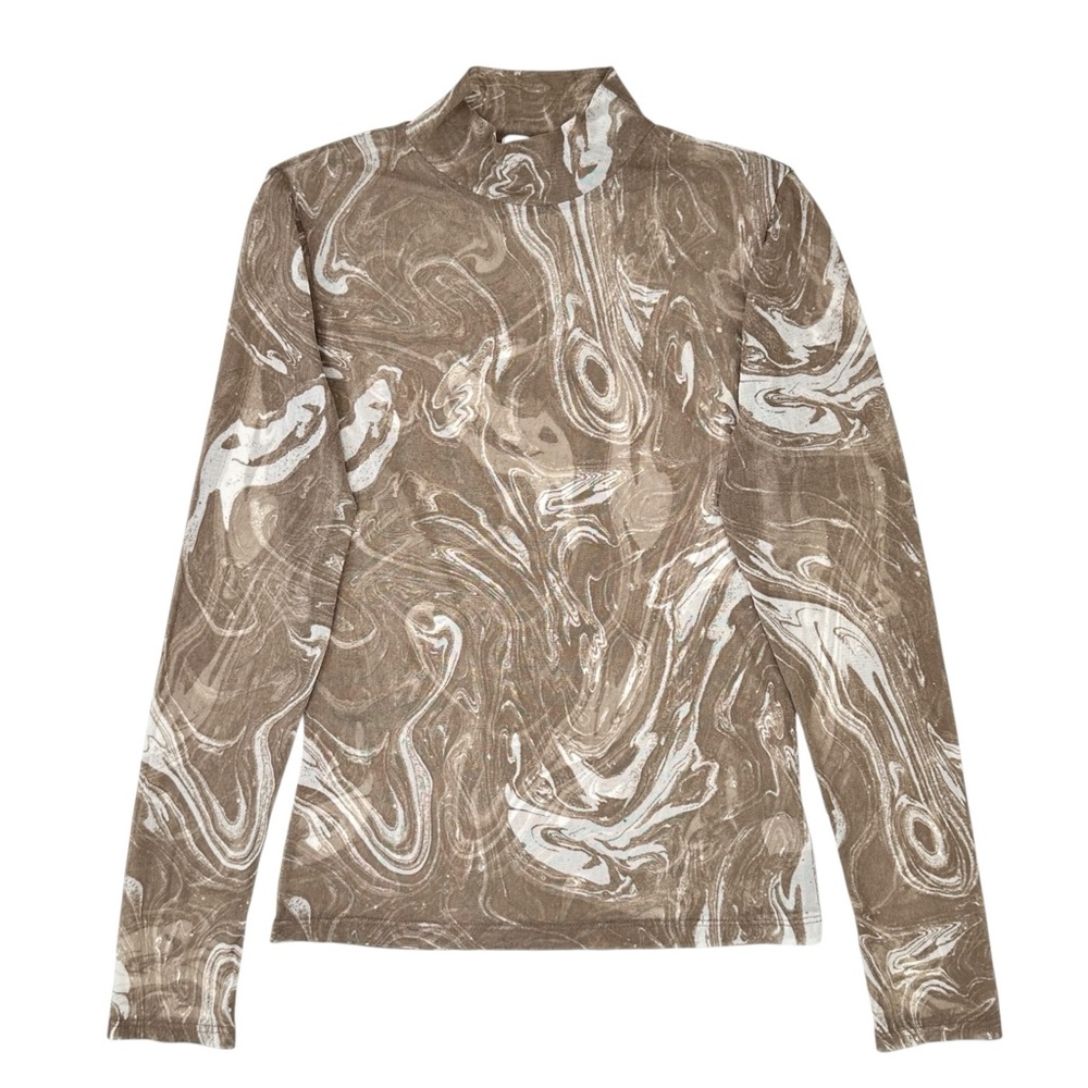 NLT No Less Than Gray Brown Marble Print High Neck Mesh Long Sleeve Top sz M